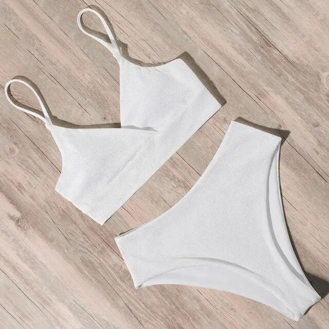 Ribbed High Waist Push Up Bikini Set with Padding