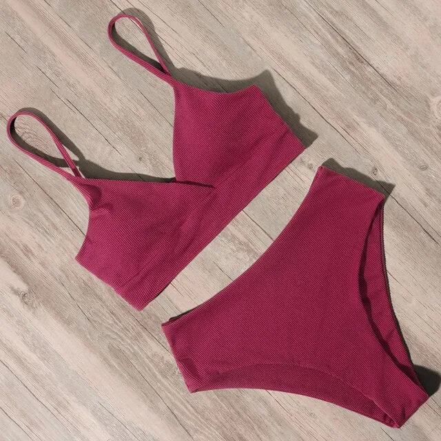 Ribbed High Waist Push Up Bikini Set with Padding