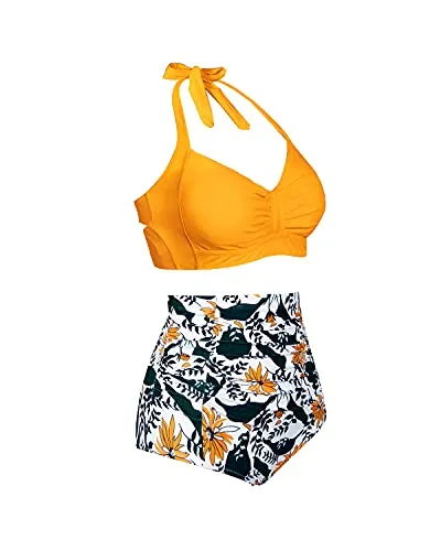 Ruched Twist 50S Style Retro Swimwear High Waisted Bikini Set For Women-Yellow Floral