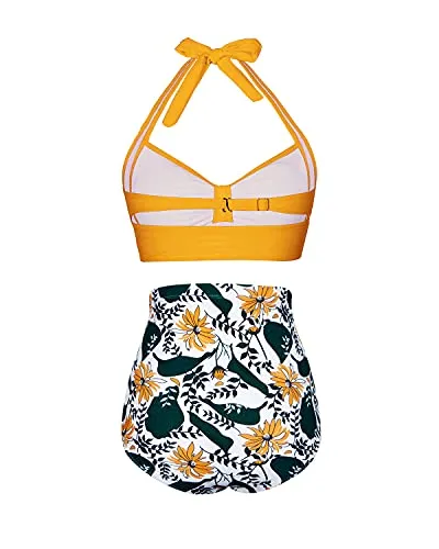 Ruched Twist 50S Style Retro Swimwear High Waisted Bikini Set For Women-Yellow Floral