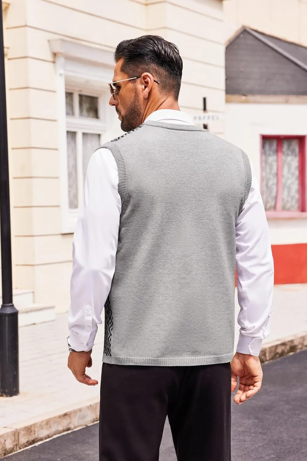 Runcati Mens Sleeveless Sweater Vest V Neck Button Down Cardigan Sweaters Knitted Argyle Vest with Pocket
