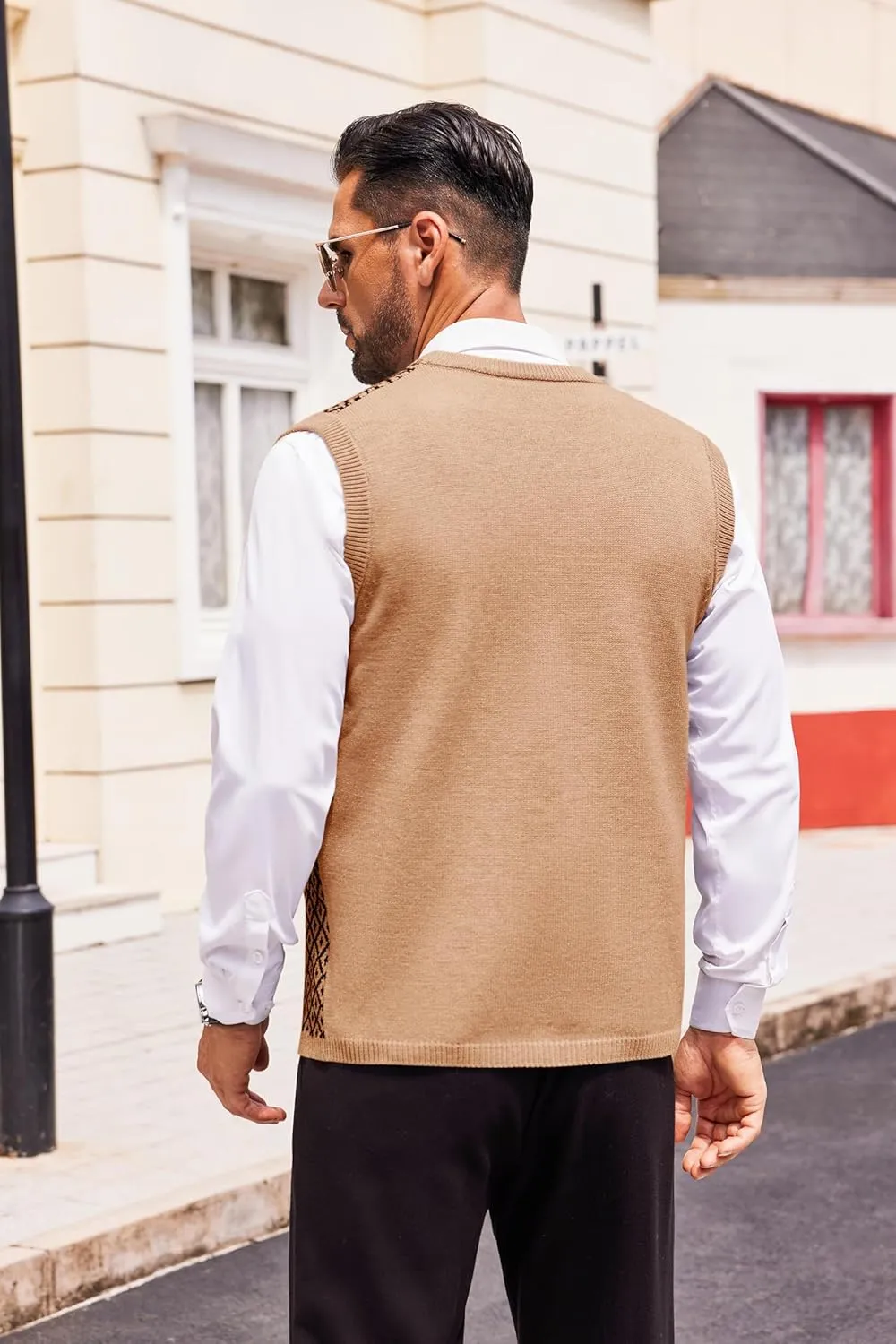 Runcati Mens Sleeveless Sweater Vest V Neck Button Down Cardigan Sweaters Knitted Argyle Vest with Pocket