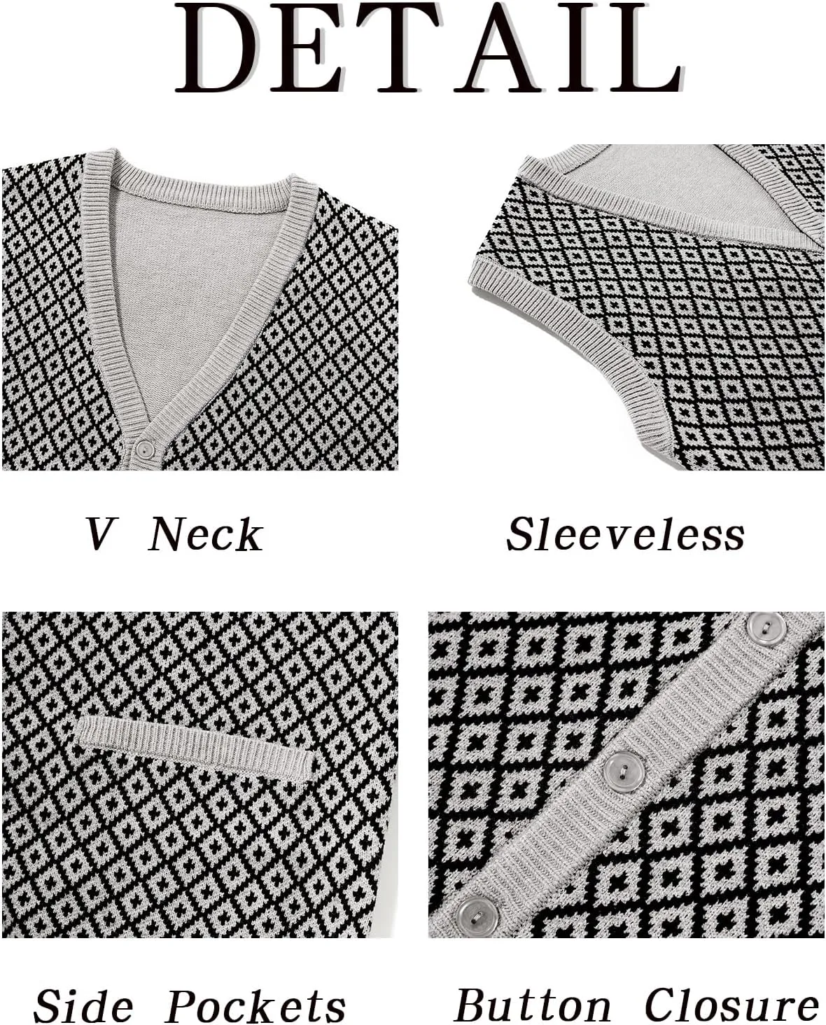 Runcati Mens Sleeveless Sweater Vest V Neck Button Down Cardigan Sweaters Knitted Argyle Vest with Pocket