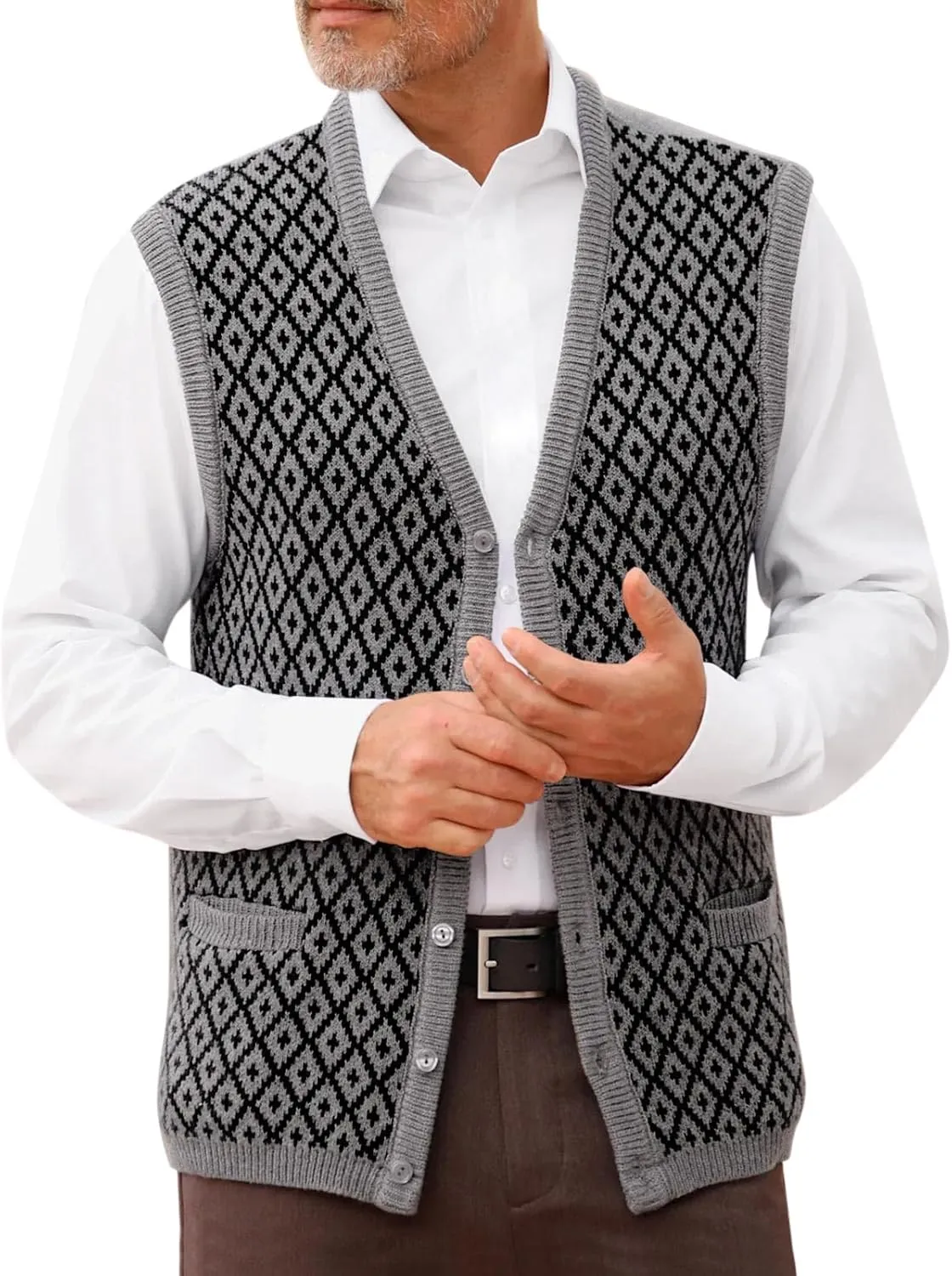 Runcati Mens Sleeveless Sweater Vest V Neck Button Down Cardigan Sweaters Knitted Argyle Vest with Pocket