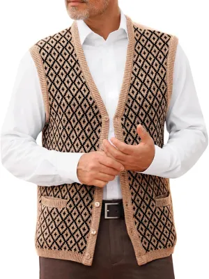 Runcati Mens Sleeveless Sweater Vest V Neck Button Down Cardigan Sweaters Knitted Argyle Vest with Pocket
