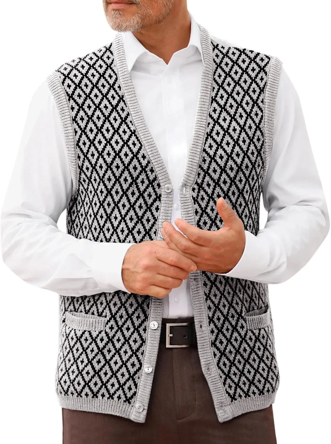 Runcati Mens Sleeveless Sweater Vest V Neck Button Down Cardigan Sweaters Knitted Argyle Vest with Pocket