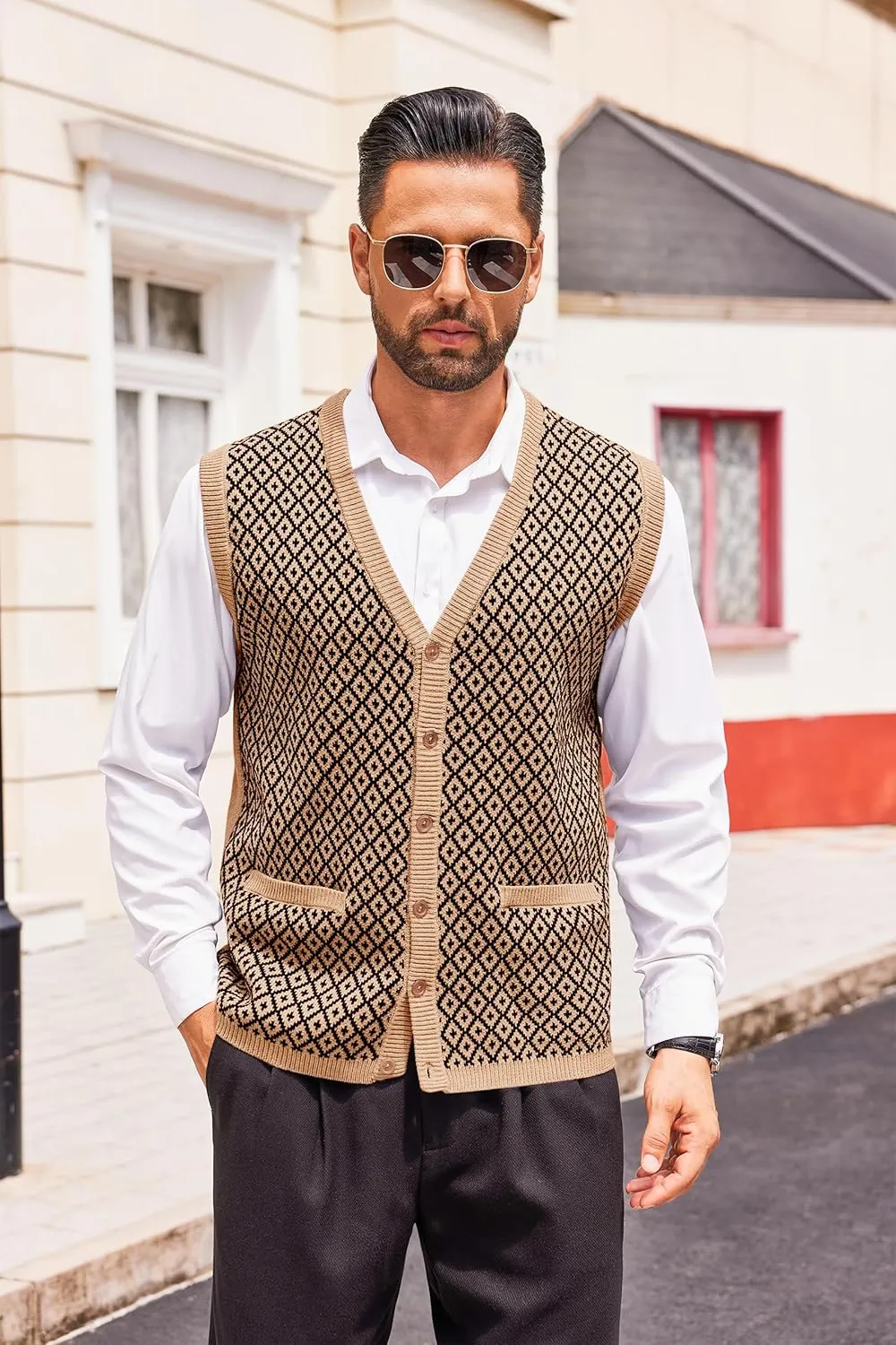 Runcati Mens Sleeveless Sweater Vest V Neck Button Down Cardigan Sweaters Knitted Argyle Vest with Pocket