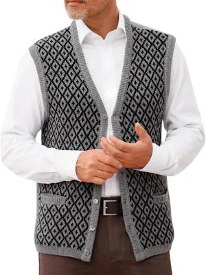 Runcati Mens Sleeveless Sweater Vest V Neck Button Down Cardigan Sweaters Knitted Argyle Vest with Pocket