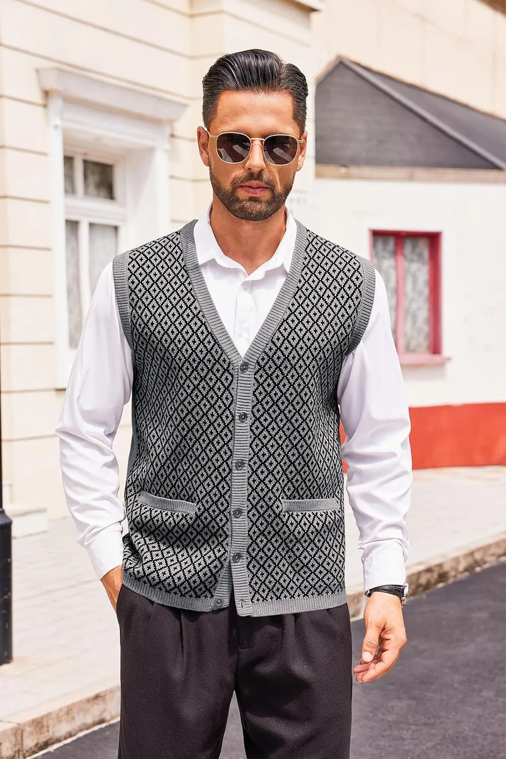 Runcati Mens Sleeveless Sweater Vest V Neck Button Down Cardigan Sweaters Knitted Argyle Vest with Pocket