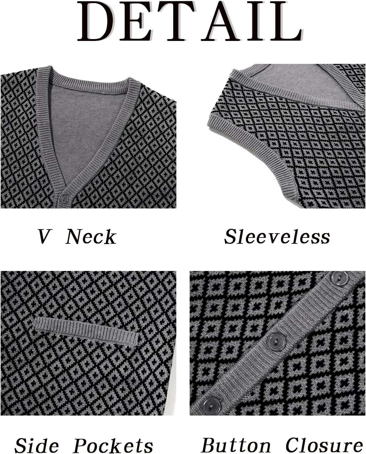 Runcati Mens Sleeveless Sweater Vest V Neck Button Down Cardigan Sweaters Knitted Argyle Vest with Pocket