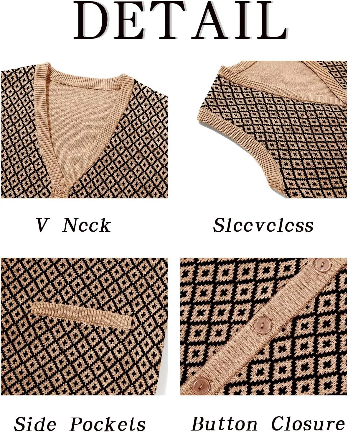 Runcati Mens Sleeveless Sweater Vest V Neck Button Down Cardigan Sweaters Knitted Argyle Vest with Pocket
