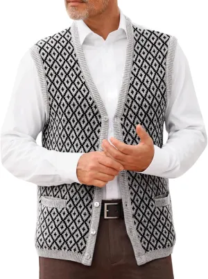 Runcati Mens Sleeveless Sweater Vest V Neck Button Down Cardigan Sweaters Knitted Argyle Vest with Pocket