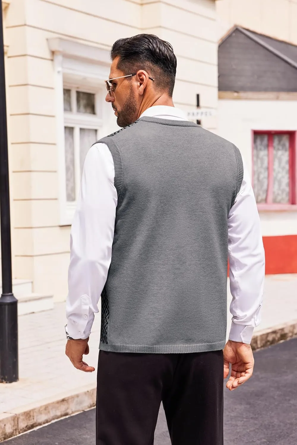 Runcati Mens Sleeveless Sweater Vest V Neck Button Down Cardigan Sweaters Knitted Argyle Vest with Pocket