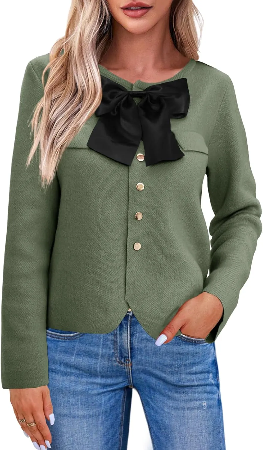 Saodimallsu Womens Button Down Cropped Cardigan Sweaters Cute Bow Long Sleeve Crew Neck Knit Sweater Jacket Coat