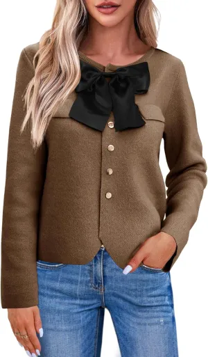 Saodimallsu Womens Button Down Cropped Cardigan Sweaters Cute Bow Long Sleeve Crew Neck Knit Sweater Jacket Coat
