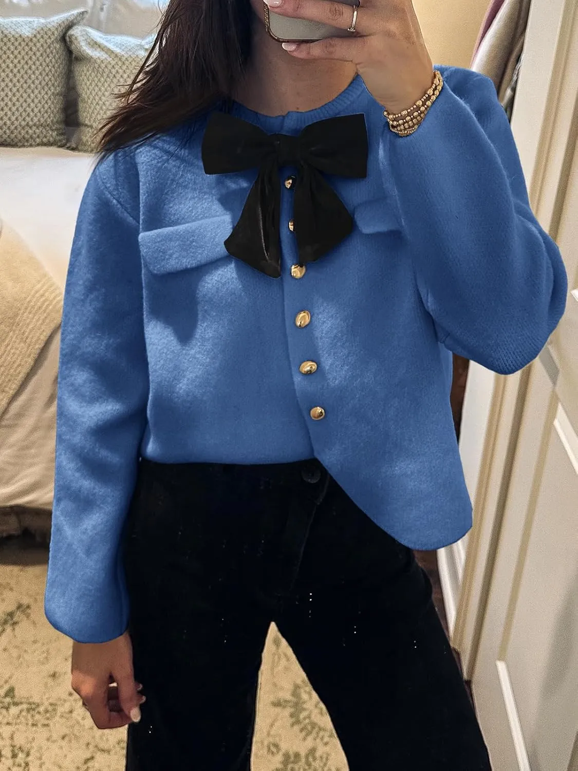 Saodimallsu Womens Button Down Cropped Cardigan Sweaters Cute Bow Long Sleeve Crew Neck Knit Sweater Jacket Coat