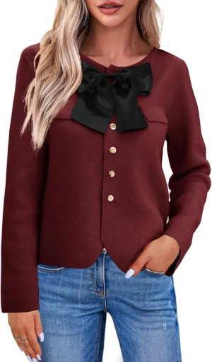 Saodimallsu Womens Button Down Cropped Cardigan Sweaters Cute Bow Long Sleeve Crew Neck Knit Sweater Jacket Coat