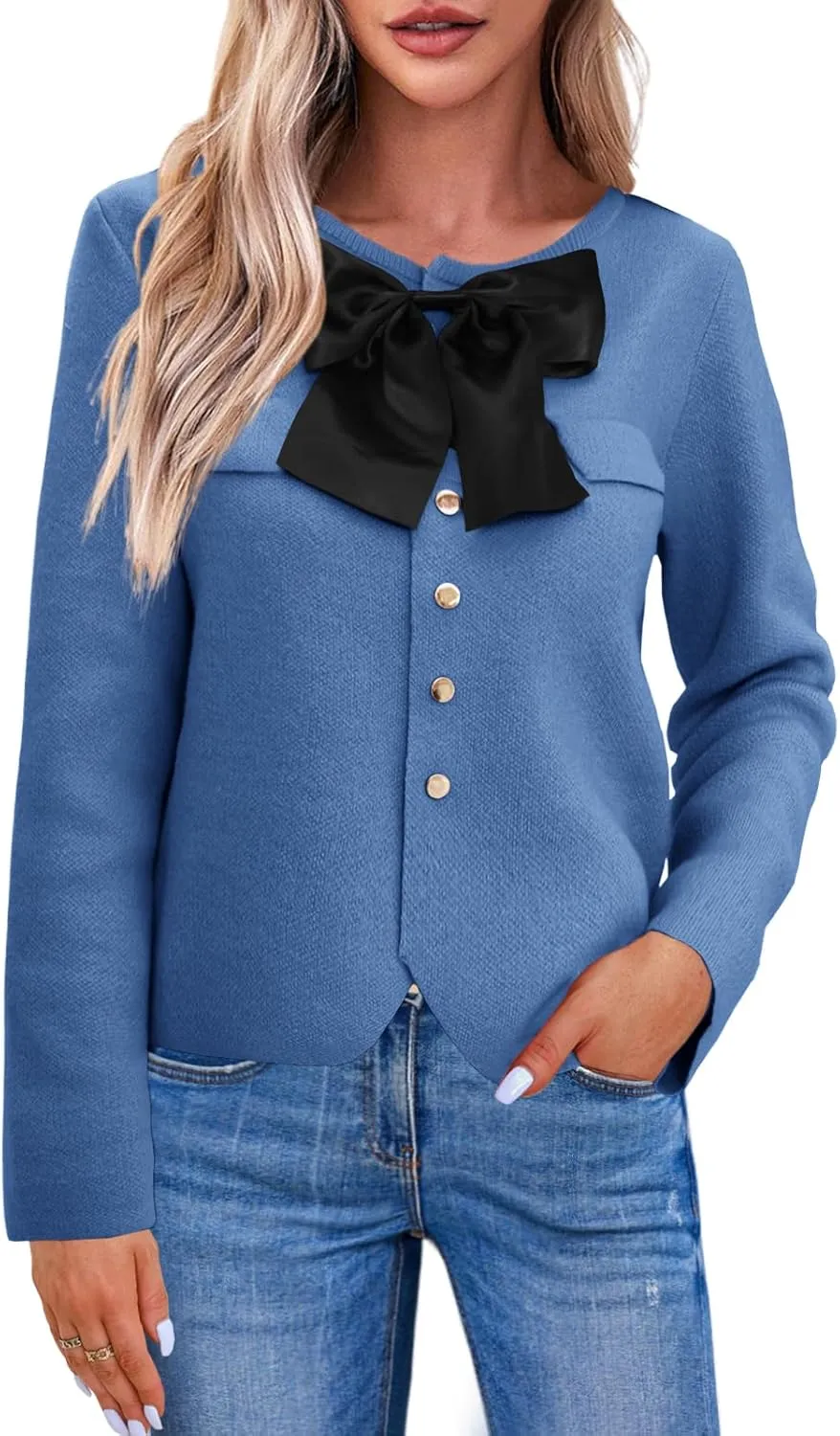 Saodimallsu Womens Button Down Cropped Cardigan Sweaters Cute Bow Long Sleeve Crew Neck Knit Sweater Jacket Coat