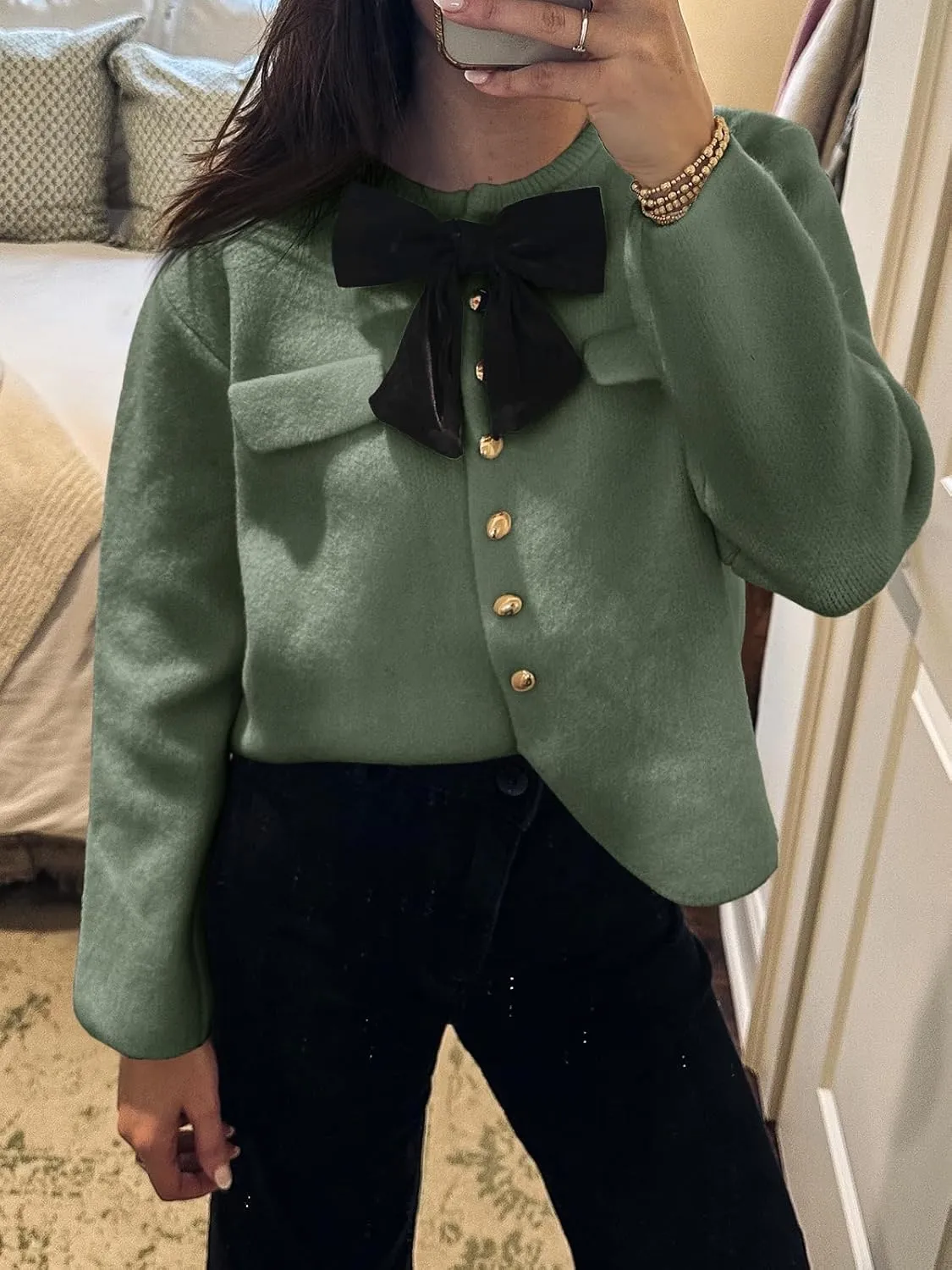 Saodimallsu Womens Button Down Cropped Cardigan Sweaters Cute Bow Long Sleeve Crew Neck Knit Sweater Jacket Coat