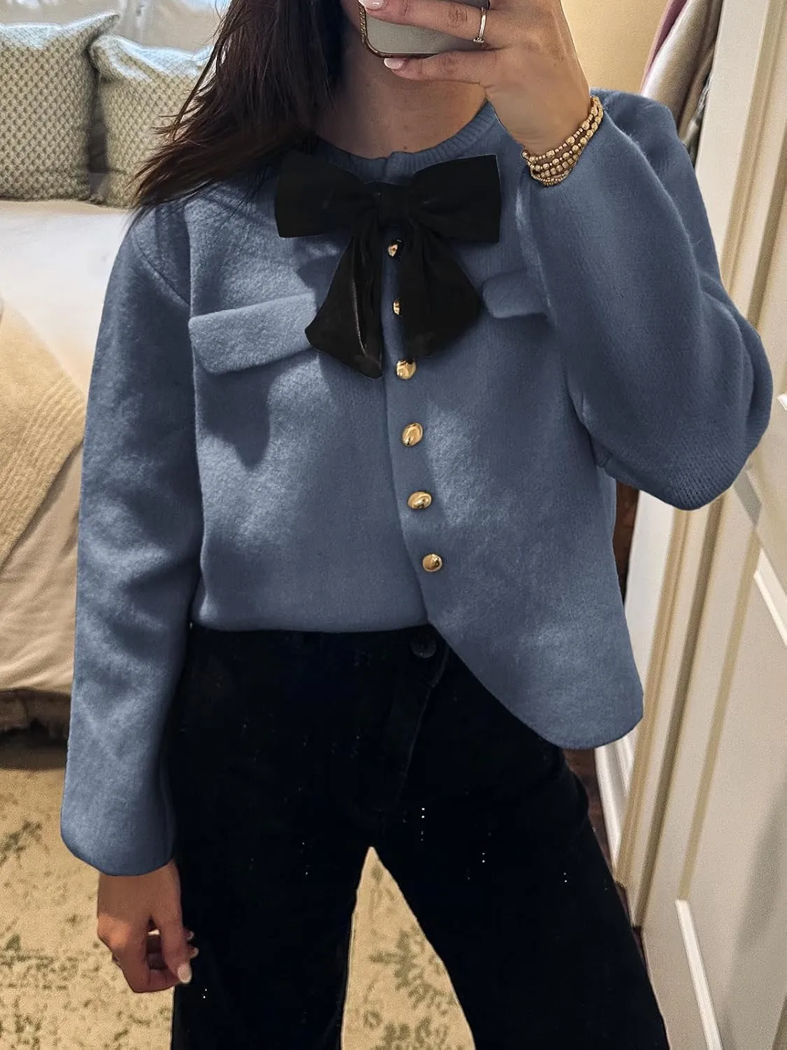 Saodimallsu Womens Button Down Cropped Cardigan Sweaters Cute Bow Long Sleeve Crew Neck Knit Sweater Jacket Coat