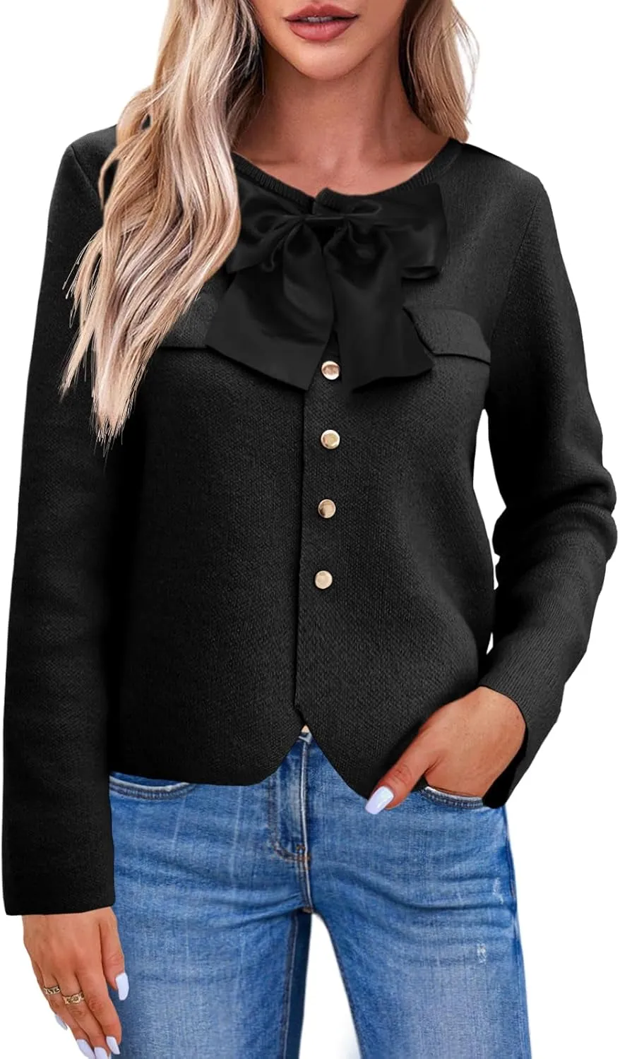 Saodimallsu Womens Button Down Cropped Cardigan Sweaters Cute Bow Long Sleeve Crew Neck Knit Sweater Jacket Coat