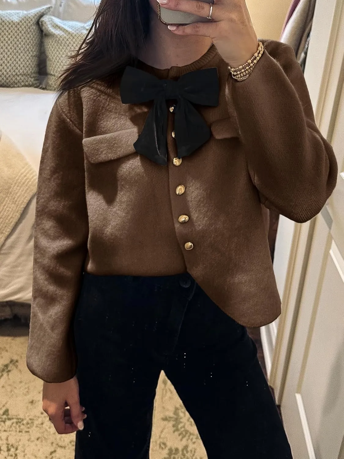 Saodimallsu Womens Button Down Cropped Cardigan Sweaters Cute Bow Long Sleeve Crew Neck Knit Sweater Jacket Coat