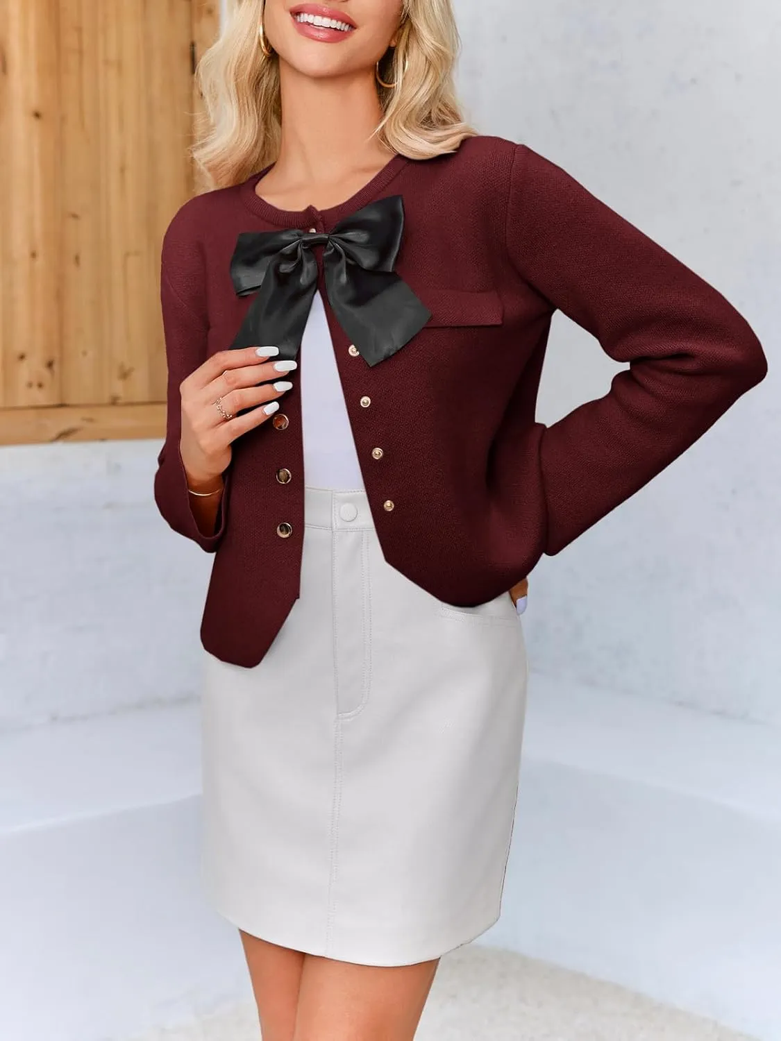Saodimallsu Womens Button Down Cropped Cardigan Sweaters Cute Bow Long Sleeve Crew Neck Knit Sweater Jacket Coat