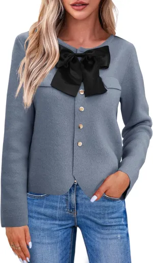 Saodimallsu Womens Button Down Cropped Cardigan Sweaters Cute Bow Long Sleeve Crew Neck Knit Sweater Jacket Coat