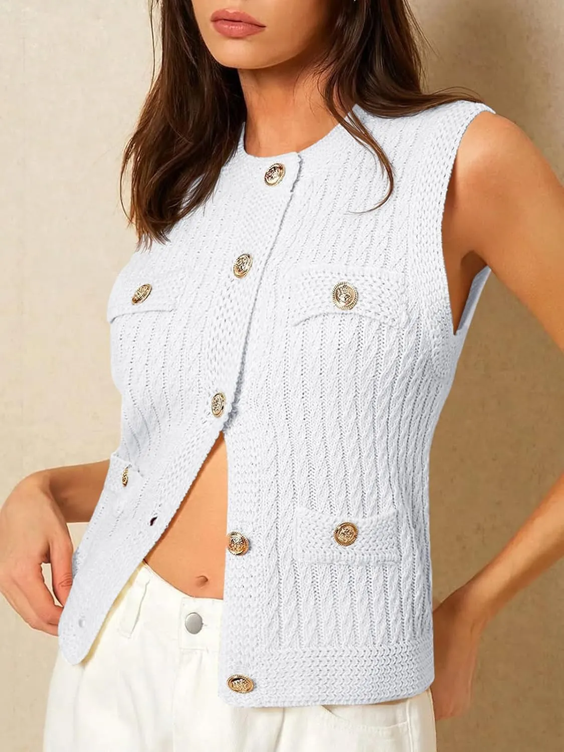 Saodimallsu Womens Cable Knit Sweater Vest Button Down Sleeveless Crop Tank Tops Crew Neck Summer Cardigans