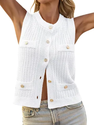 Saodimallsu Womens Cable Knit Sweater Vest Button Down Sleeveless Crop Tank Tops Crew Neck Summer Cardigans