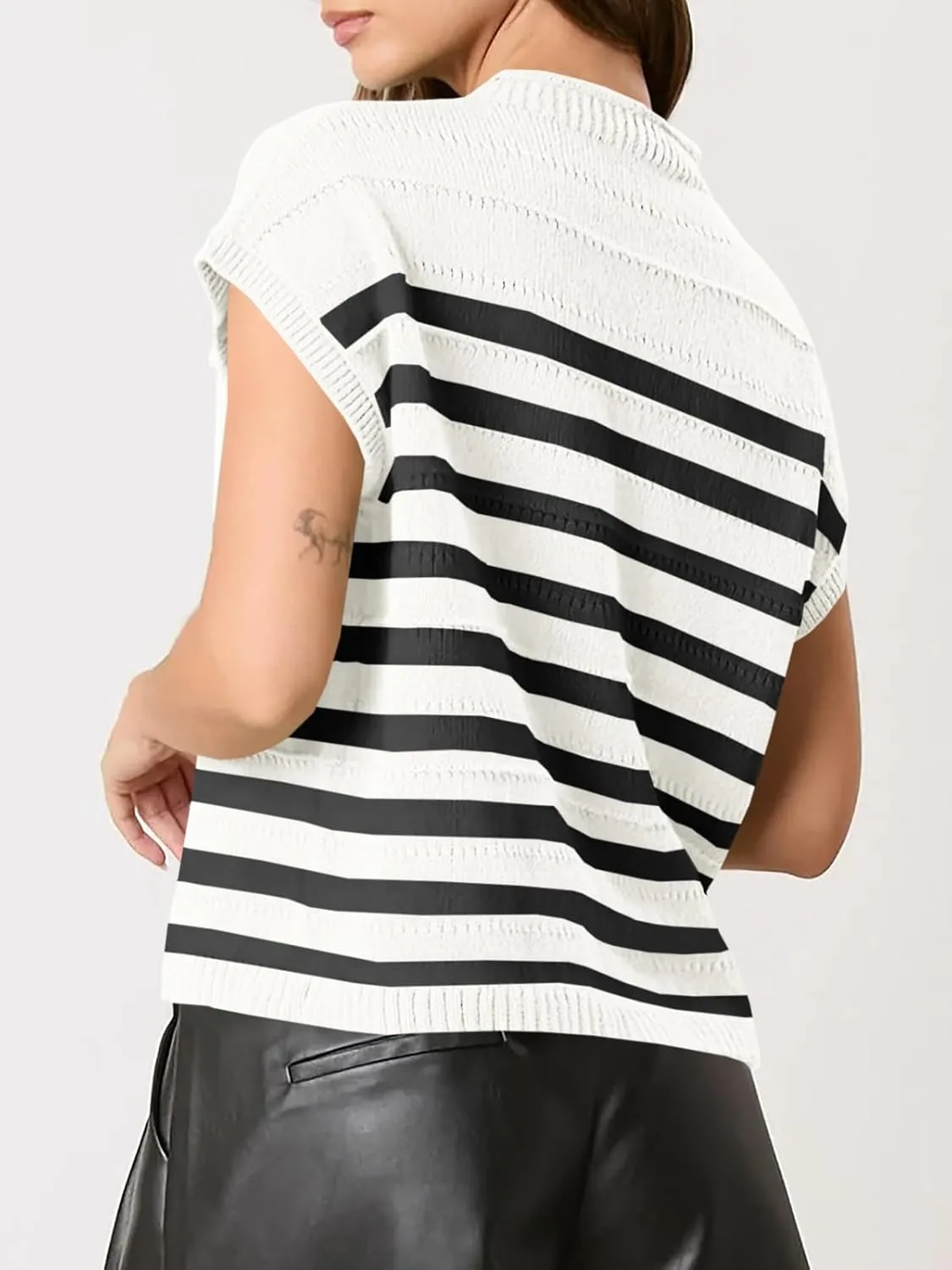 Saodimallsu Womens Striped Sweater Vest Casual Cap Sleeve Knit Summer Tops Crewneck Loose Sleeveless Trendy Tank Top