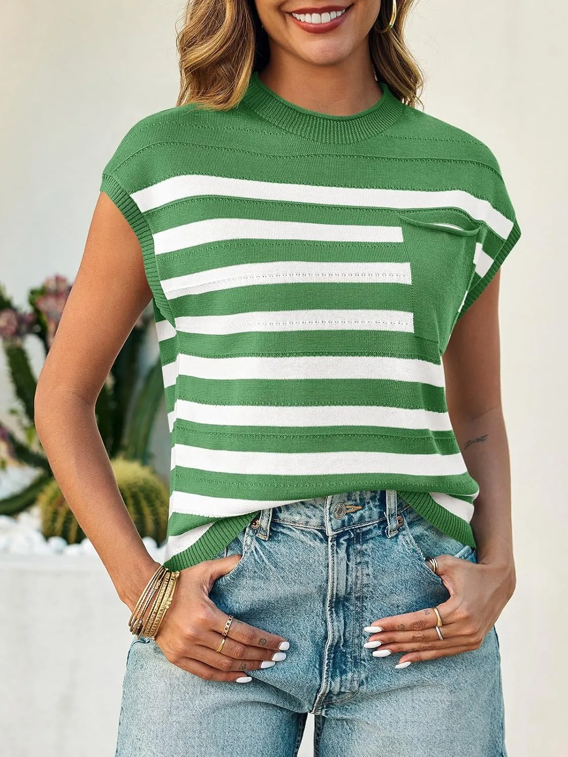 Saodimallsu Womens Striped Sweater Vest Casual Cap Sleeve Knit Summer Tops Crewneck Loose Sleeveless Trendy Tank Top