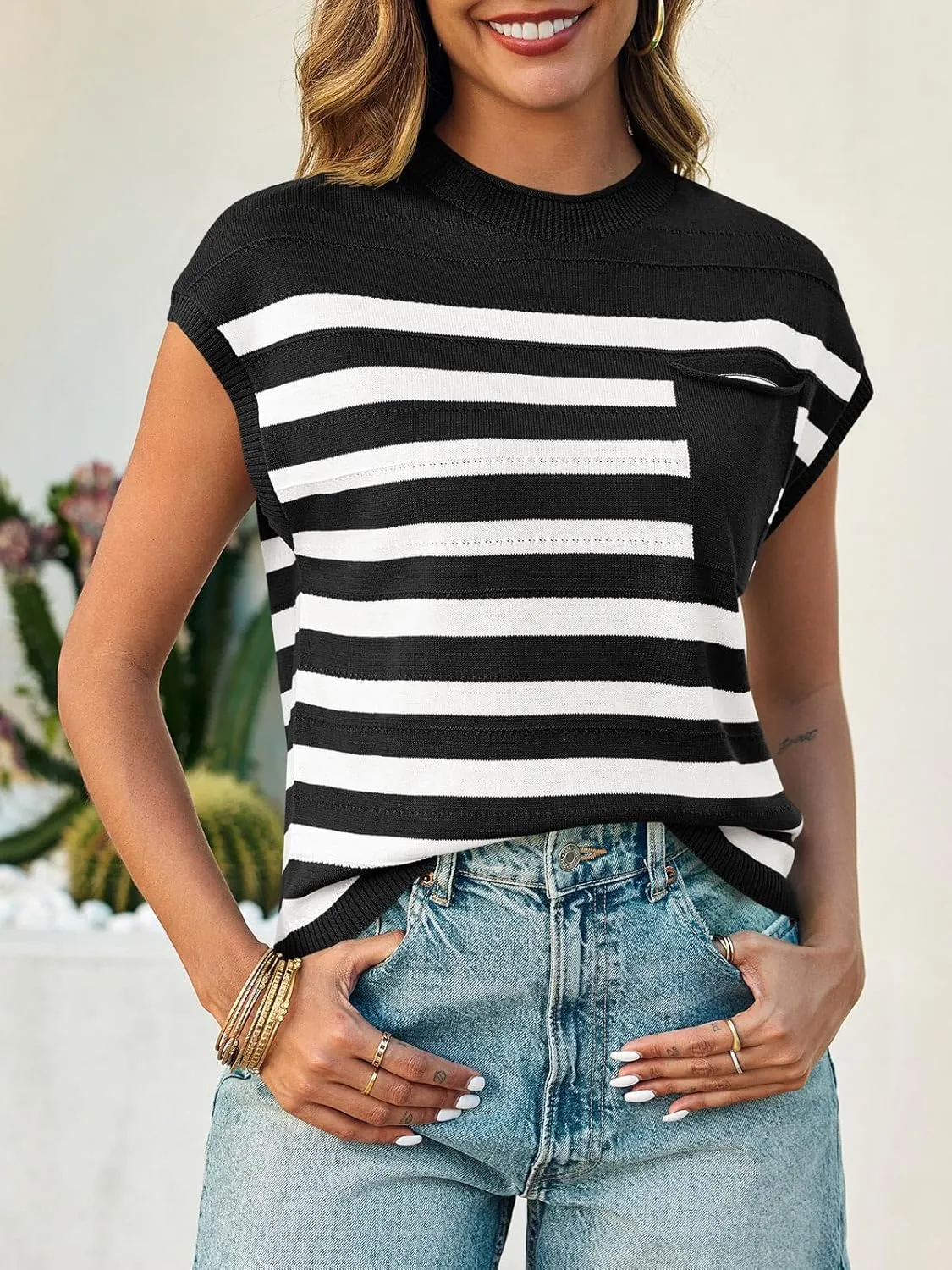 Saodimallsu Womens Striped Sweater Vest Casual Cap Sleeve Knit Summer Tops Crewneck Loose Sleeveless Trendy Tank Top