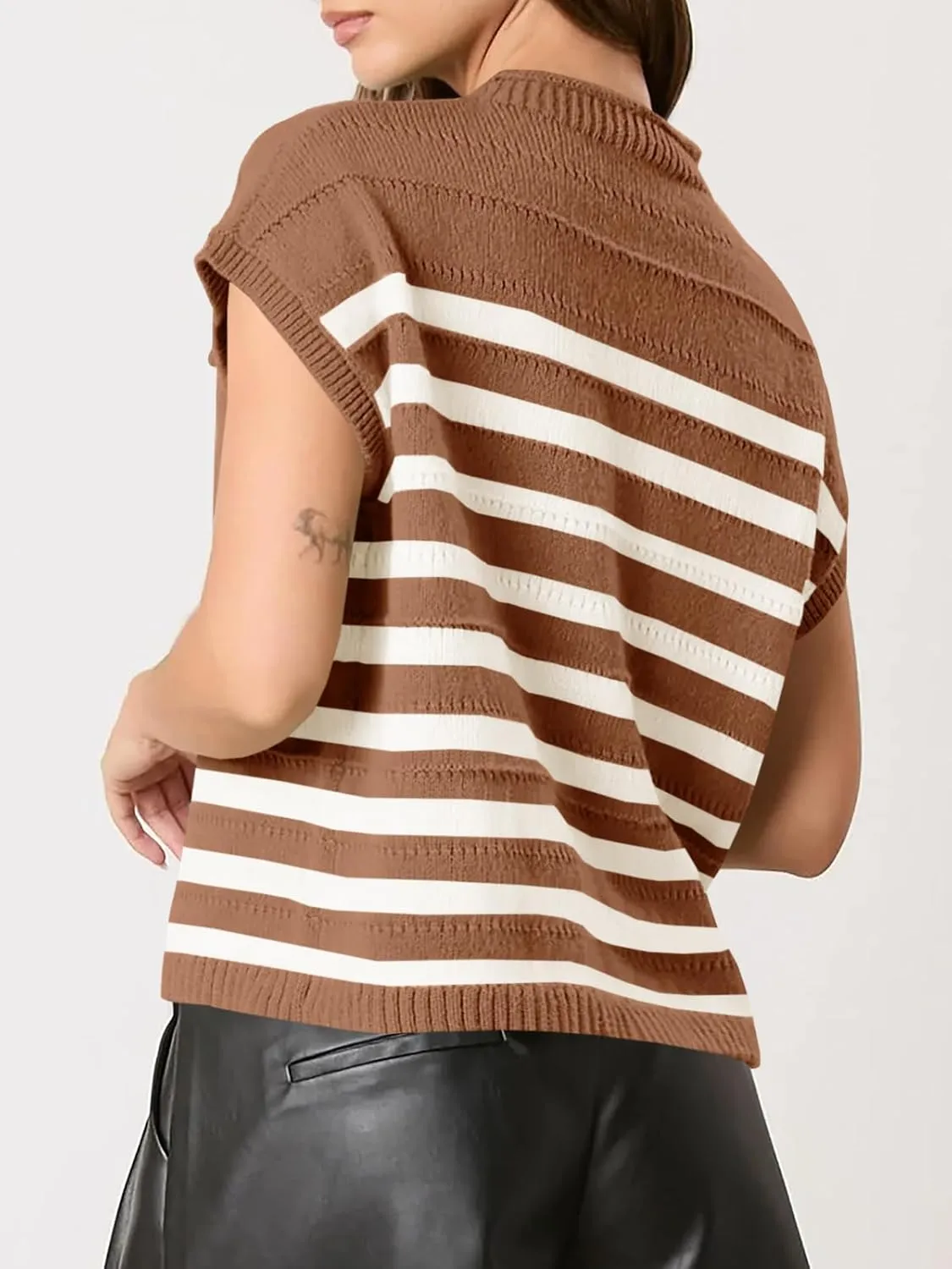 Saodimallsu Womens Striped Sweater Vest Casual Cap Sleeve Knit Summer Tops Crewneck Loose Sleeveless Trendy Tank Top