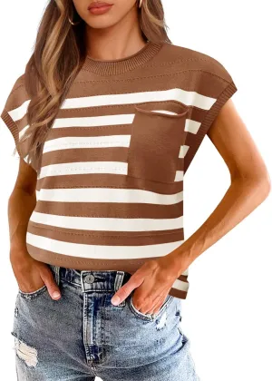 Saodimallsu Womens Striped Sweater Vest Casual Cap Sleeve Knit Summer Tops Crewneck Loose Sleeveless Trendy Tank Top