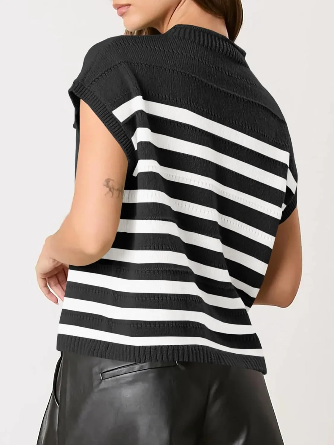 Saodimallsu Womens Striped Sweater Vest Casual Cap Sleeve Knit Summer Tops Crewneck Loose Sleeveless Trendy Tank Top