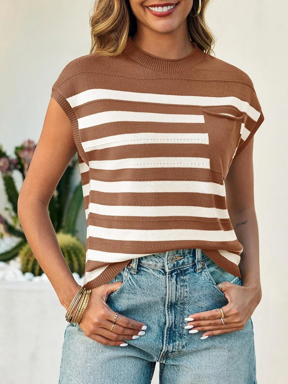 Saodimallsu Womens Striped Sweater Vest Casual Cap Sleeve Knit Summer Tops Crewneck Loose Sleeveless Trendy Tank Top