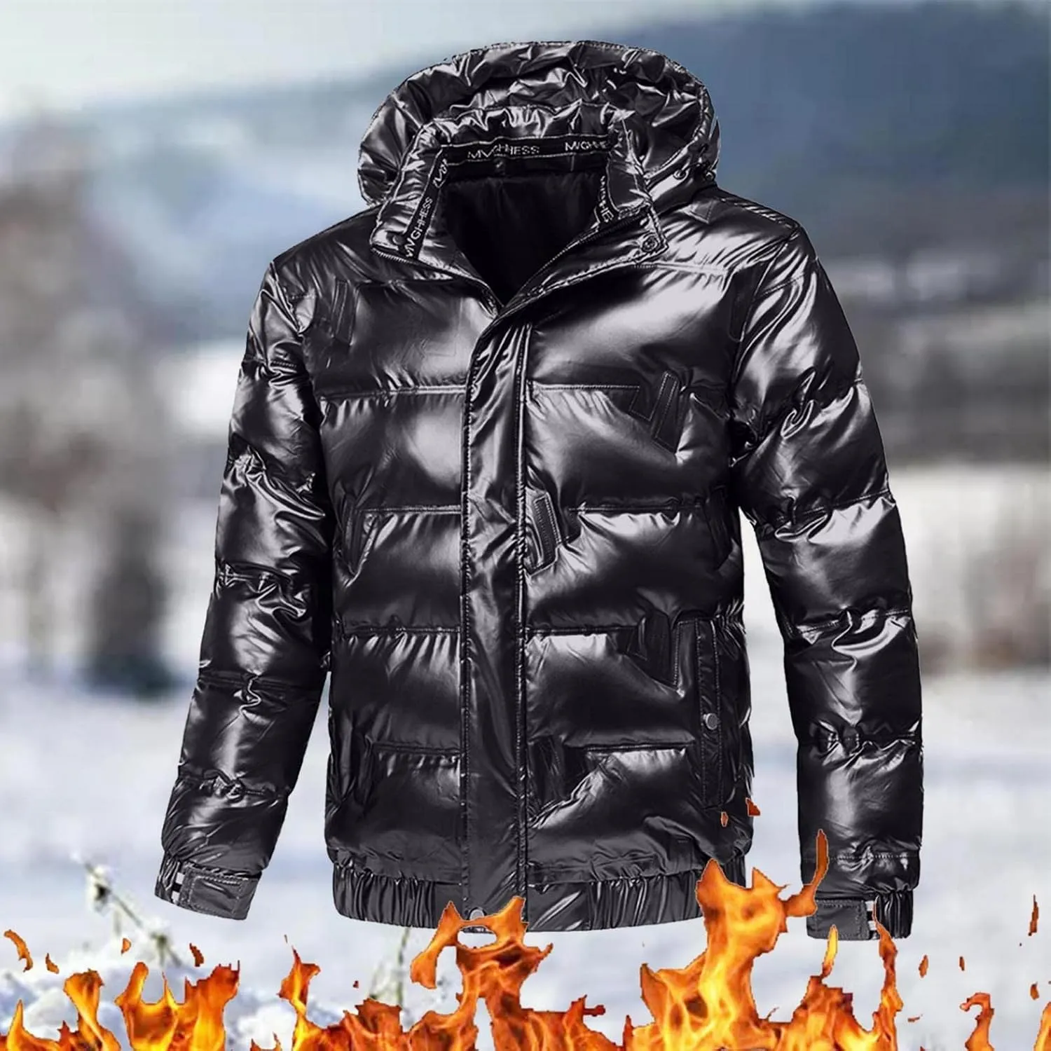 Saohuo Winter Puffer Jacket for Men Warm Thicken Shiny Zip Down Jackets with Detachable Hood Bubble Overcoat Outerwear