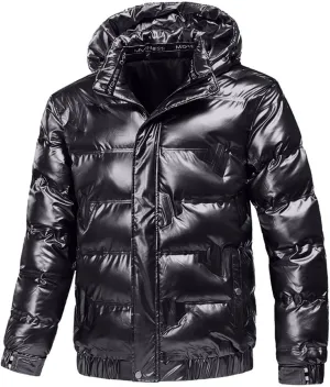 Saohuo Winter Puffer Jacket for Men Warm Thicken Shiny Zip Down Jackets with Detachable Hood Bubble Overcoat Outerwear