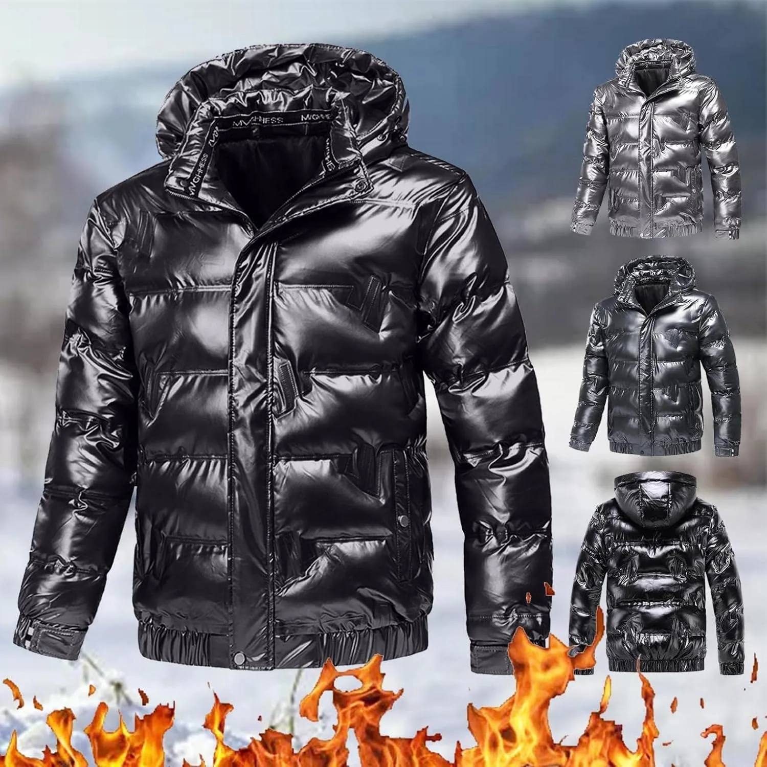 Saohuo Winter Puffer Jacket for Men Warm Thicken Shiny Zip Down Jackets with Detachable Hood Bubble Overcoat Outerwear