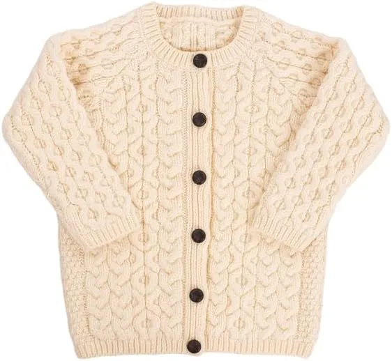SAOL Aran Cardigan for Kids: 100% Merino Wool, Crew Neck, and Button Front - Made in Ireland