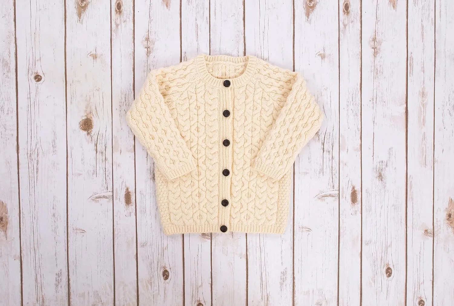 SAOL Aran Cardigan for Kids: 100% Merino Wool, Crew Neck, and Button Front - Made in Ireland