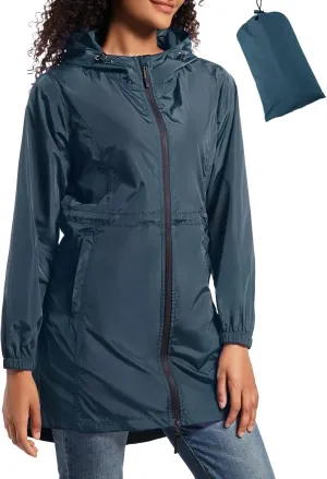 SaphiRose Women's Long Packable Raincoat Waterproof Rain Jacket Lightweight Outdoor Windbreaker with Hood