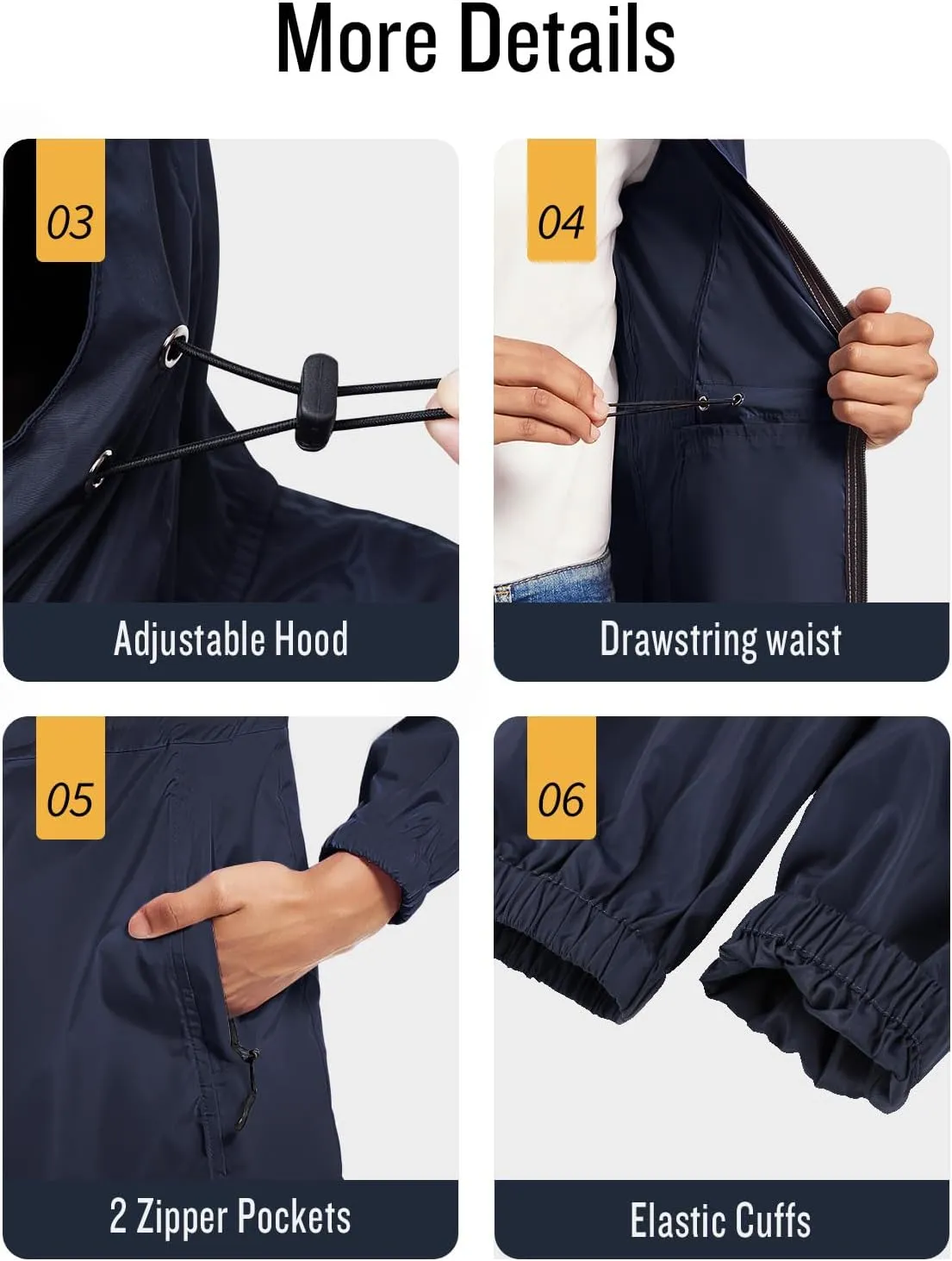 SaphiRose Women's Long Packable Raincoat Waterproof Rain Jacket Lightweight Outdoor Windbreaker with Hood