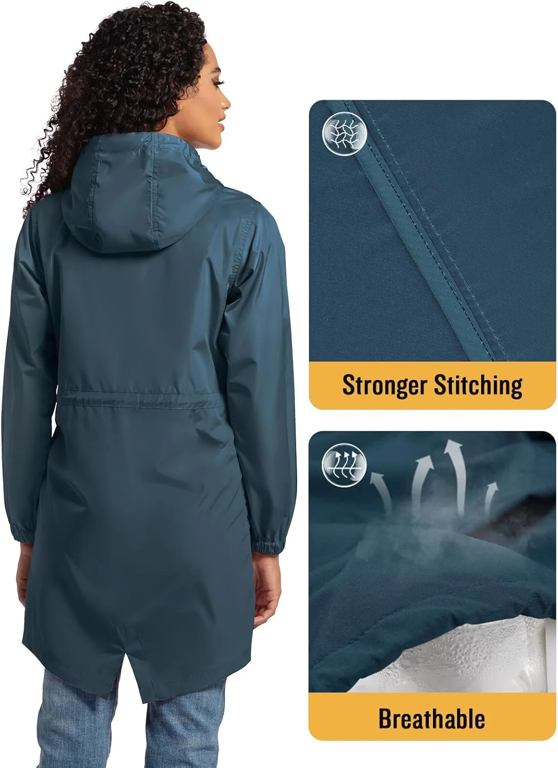 SaphiRose Women's Long Packable Raincoat Waterproof Rain Jacket Lightweight Outdoor Windbreaker with Hood