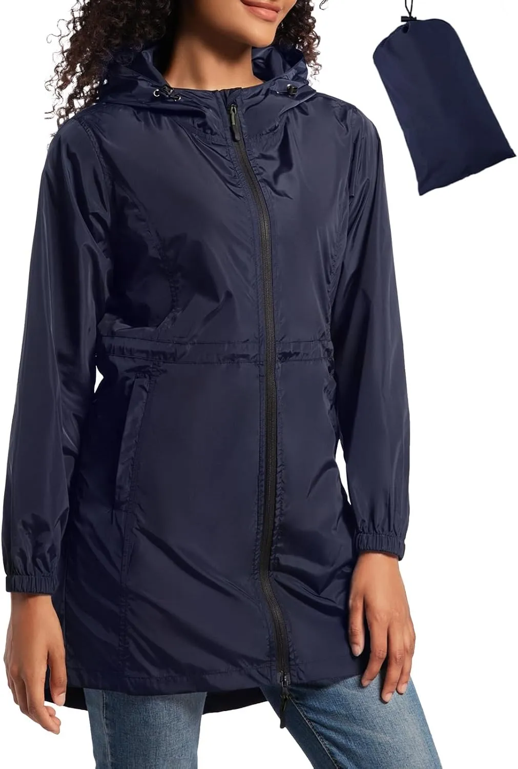 SaphiRose Women's Long Packable Raincoat Waterproof Rain Jacket Lightweight Outdoor Windbreaker with Hood