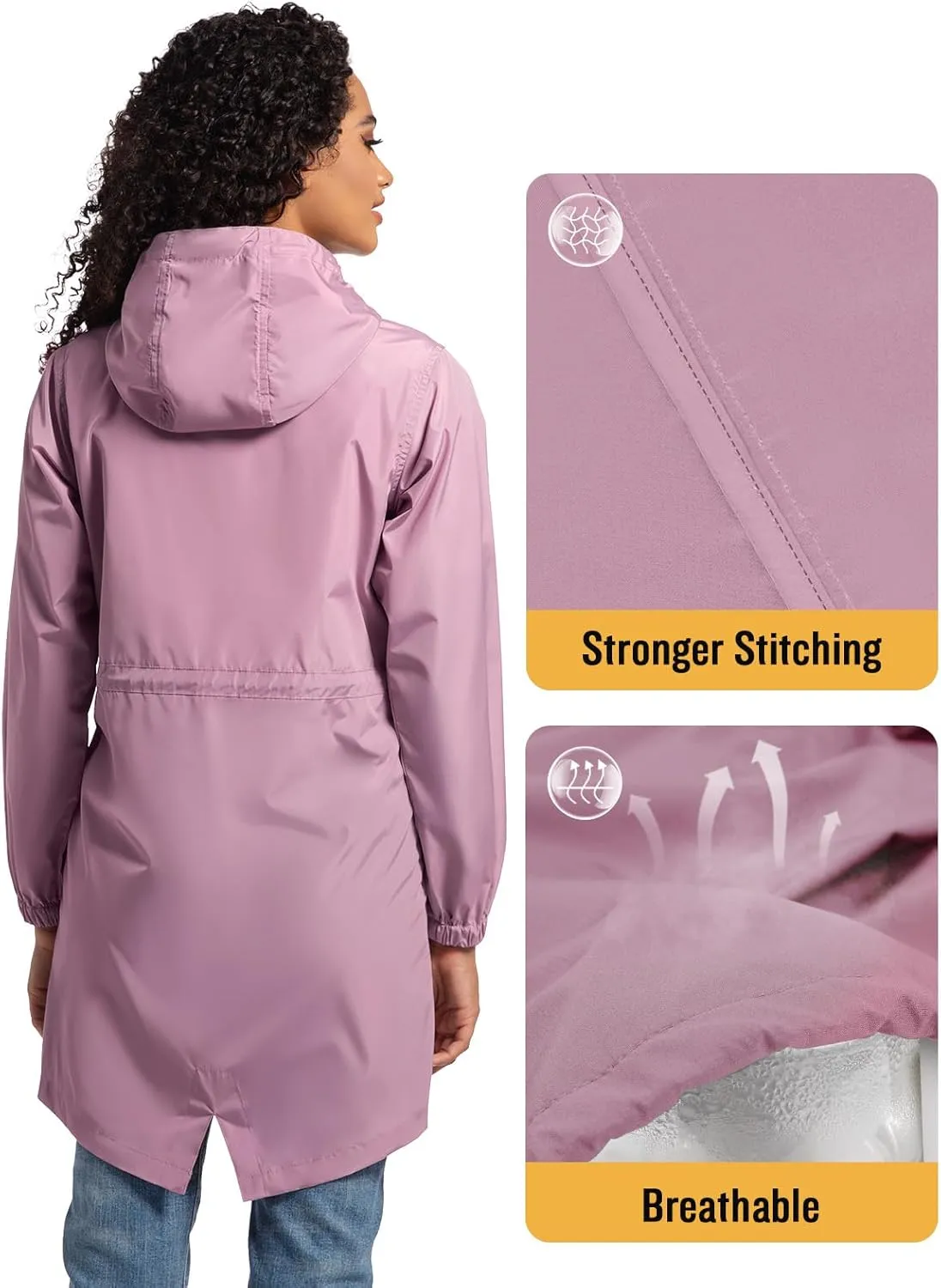 SaphiRose Women's Long Packable Raincoat Waterproof Rain Jacket Lightweight Outdoor Windbreaker with Hood