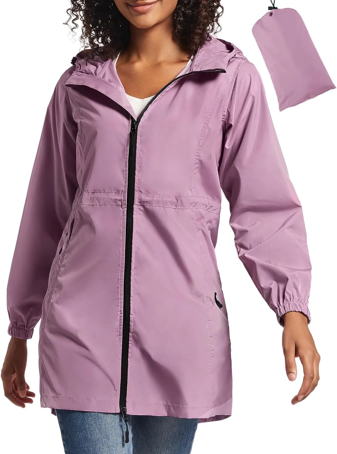 SaphiRose Women's Long Packable Raincoat Waterproof Rain Jacket Lightweight Outdoor Windbreaker with Hood