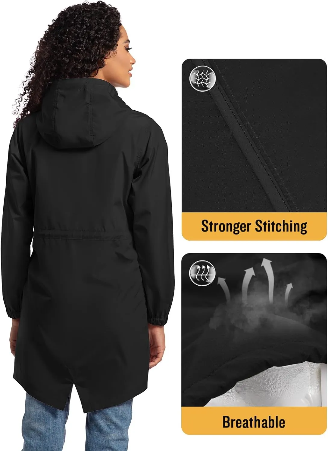 SaphiRose Women's Long Packable Raincoat Waterproof Rain Jacket Lightweight Outdoor Windbreaker with Hood