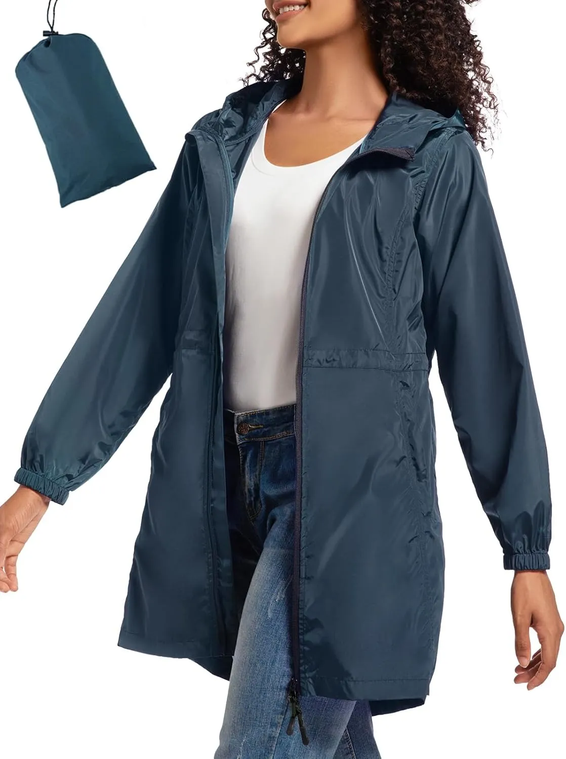 SaphiRose Women's Long Packable Raincoat Waterproof Rain Jacket Lightweight Outdoor Windbreaker with Hood